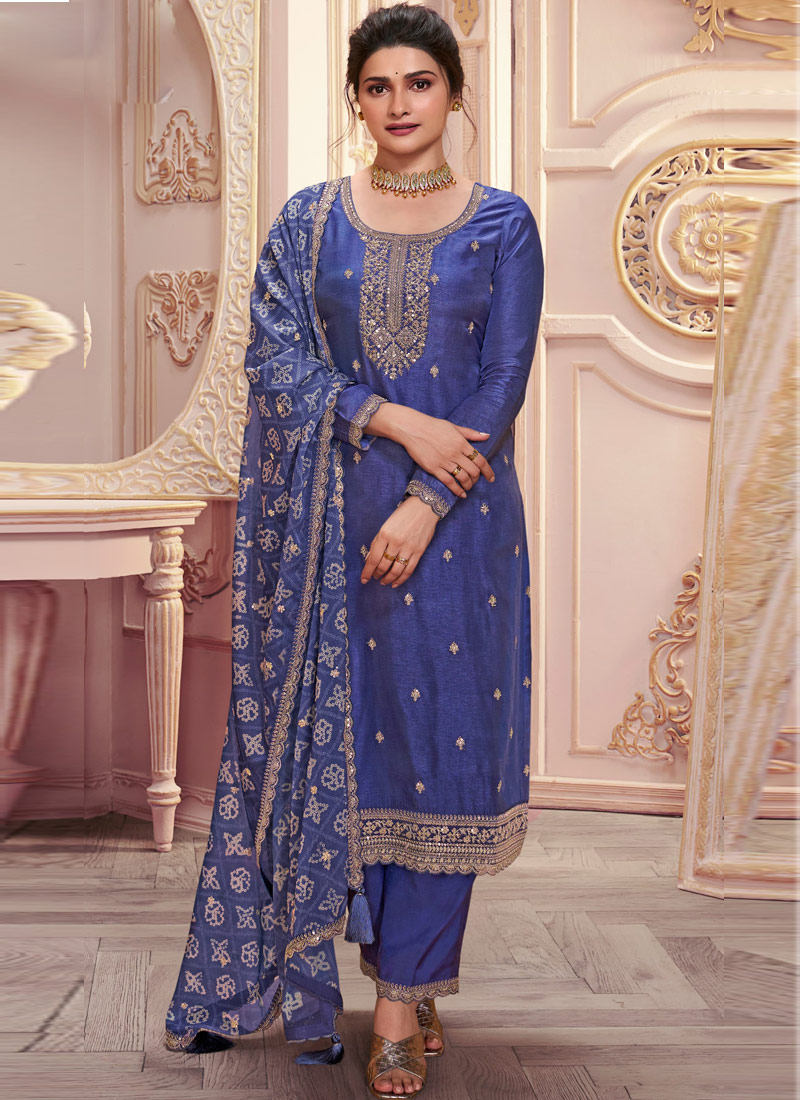 Blue Silk Georgette Embroidered Wedding Salwar Kameez