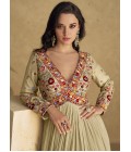 Beige Chinnon Silk Embroidered Wedding Salwar Kameez