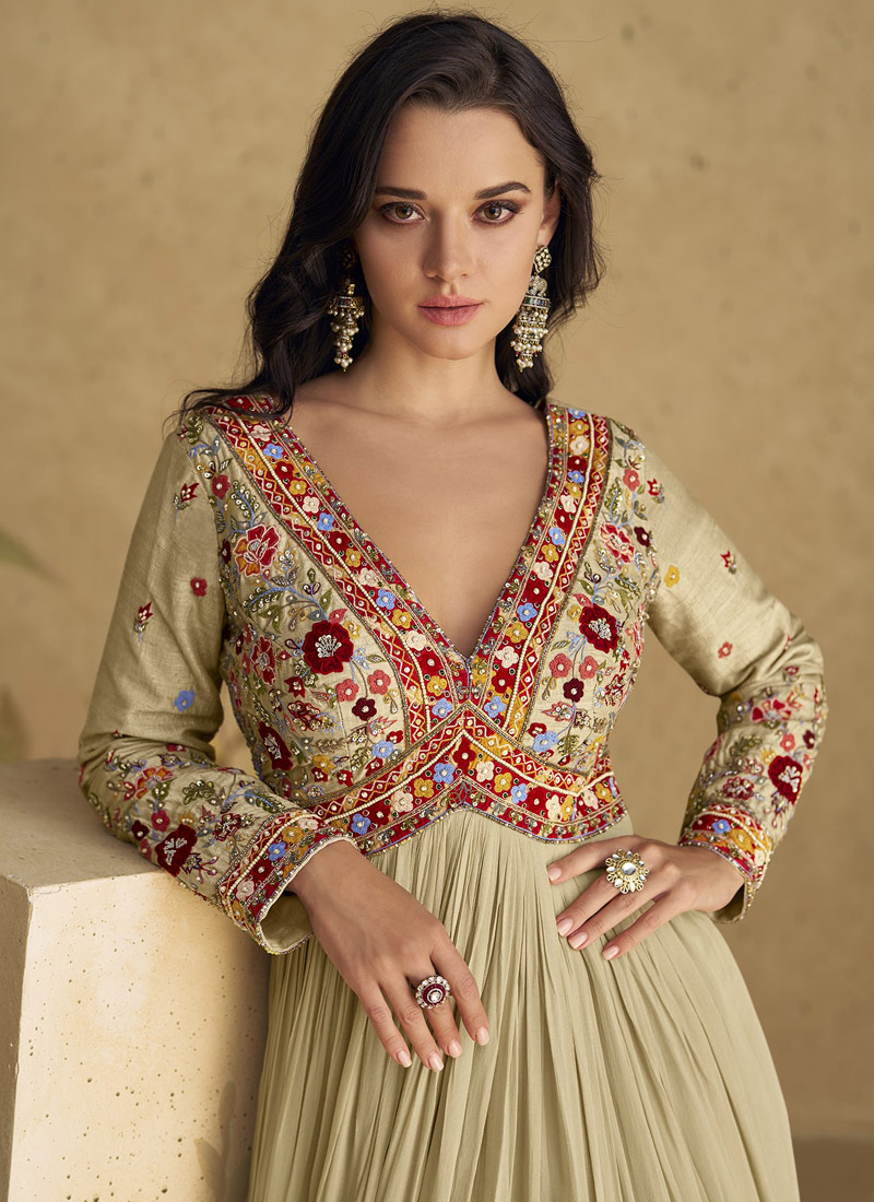 Beige Chinnon Silk Embroidered Wedding Salwar Kameez