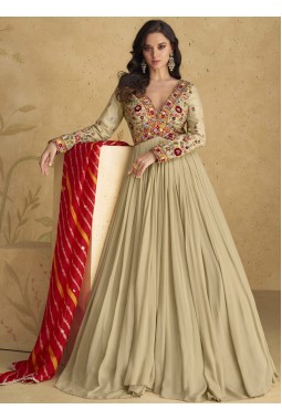 Beige Chinnon Silk Embroidered Wedding Salwar Kameez