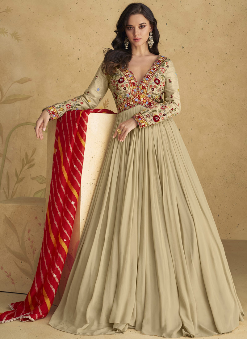 Beige Chinnon Silk Embroidered Wedding Salwar Kameez