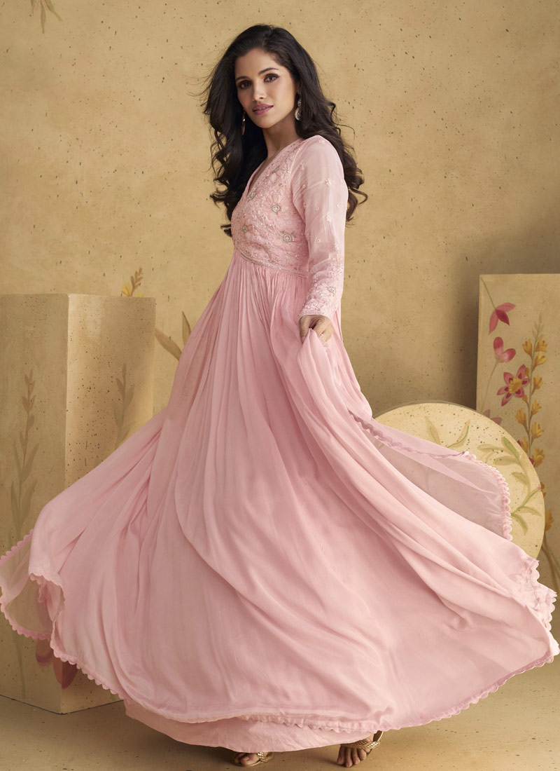 Pink Chinnon Silk Embroidered Wedding Salwar Kameez