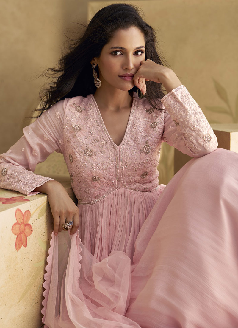 Pink Chinnon Silk Embroidered Wedding Salwar Kameez