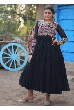 Black Faux Blooming Kutchi Gamthi Work Navratri Gown
