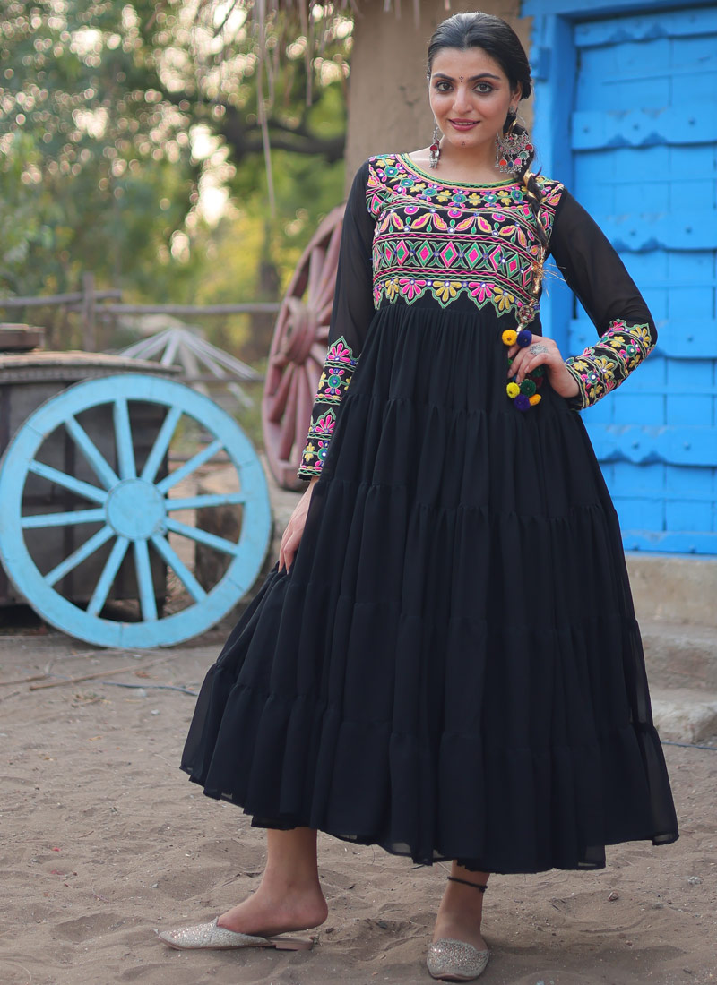 Black Faux Blooming Kutchi Gamthi Work Navratri Gown