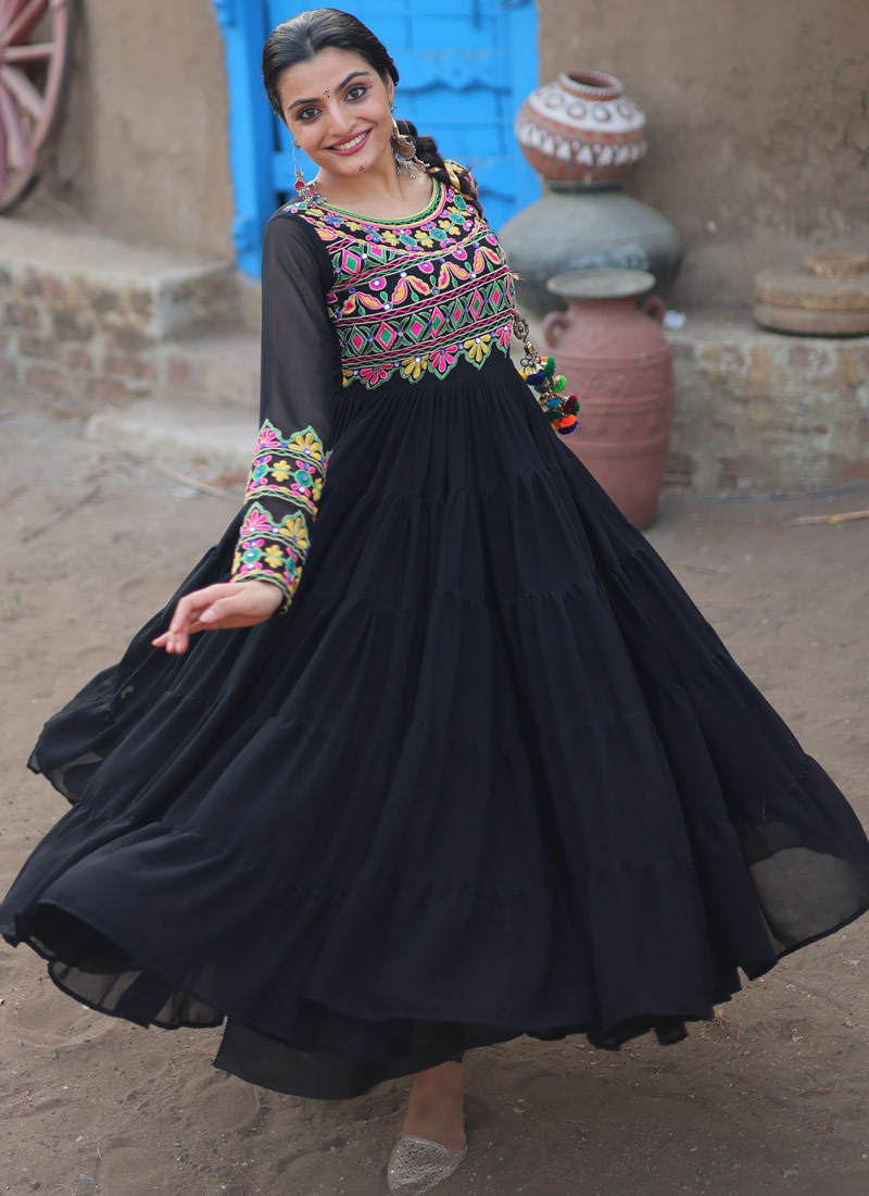 Black Faux Blooming Kutchi Gamthi Work Navratri Gown