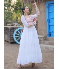 White Faux Blooming Kutchi Gamthi Work Navratri Gown