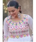 White Faux Blooming Kutchi Gamthi Work Navratri Gown