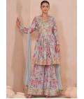 Blue Chinnon Digital Print Wedding Sharara Set