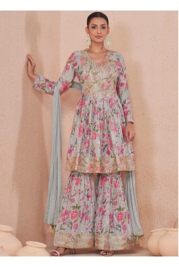 Blue Chinnon Digital Print Wedding Sharara Set