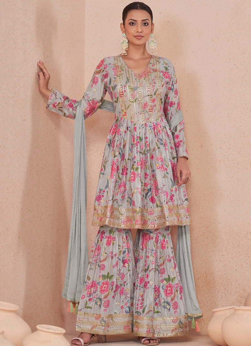 Blue Chinnon Digital Print Wedding Sharara Set