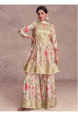 Cream Chinnon Embroidered Wedding Sharara Set