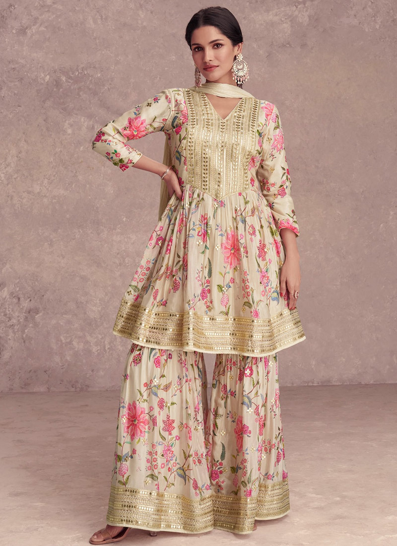 Cream Chinnon Embroidered Wedding Sharara Set