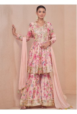 Peach Chinnon Embroidered Wedding Sharara Set