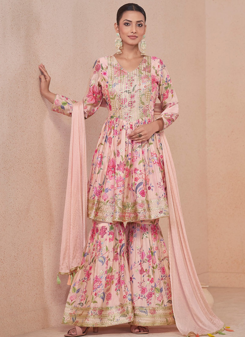 Peach Chinnon Embroidered Wedding Sharara Set