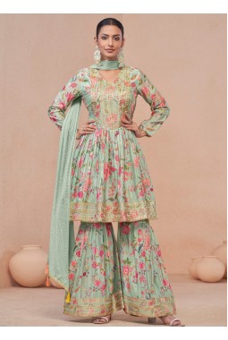 Sea Green Chinnon Digital Print Wedding Sharara Set