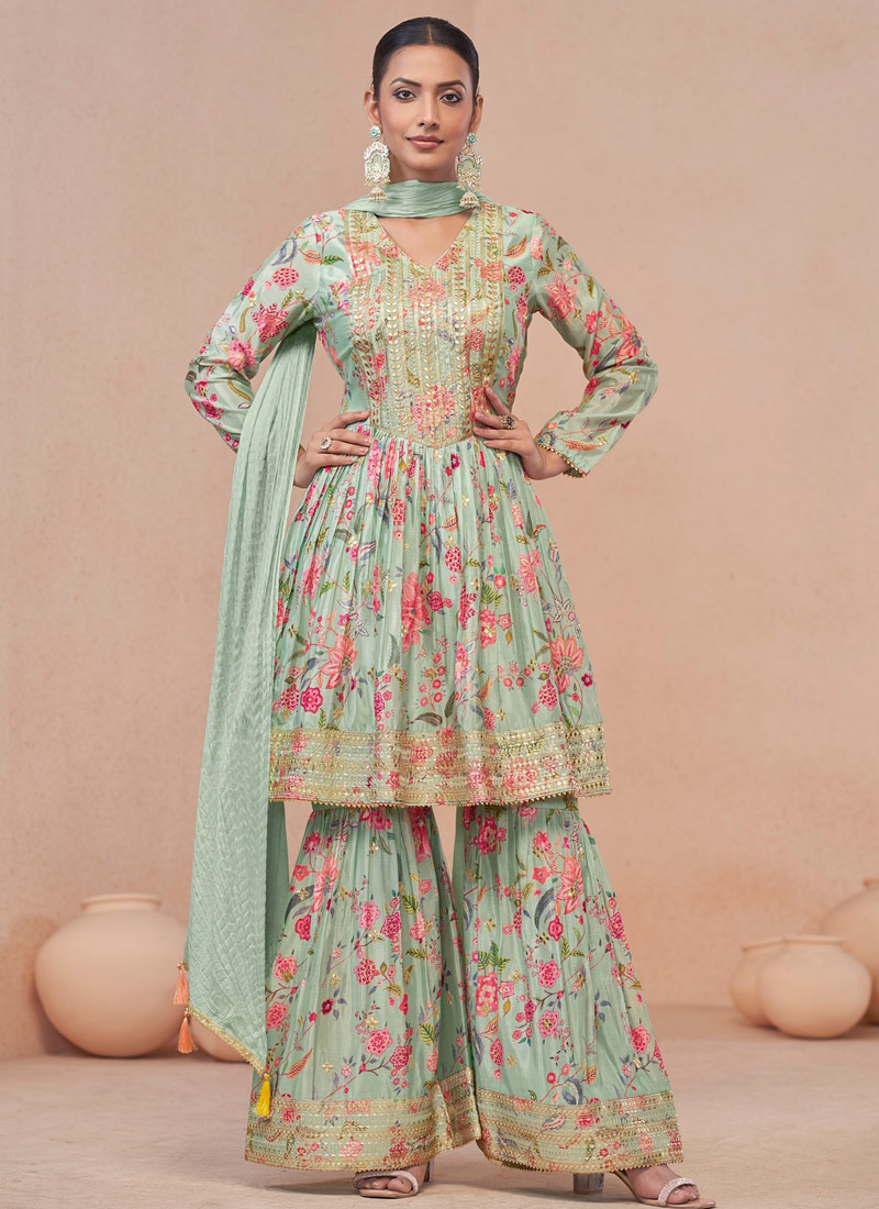 Sea Green Chinnon Digital Print Wedding Sharara Set