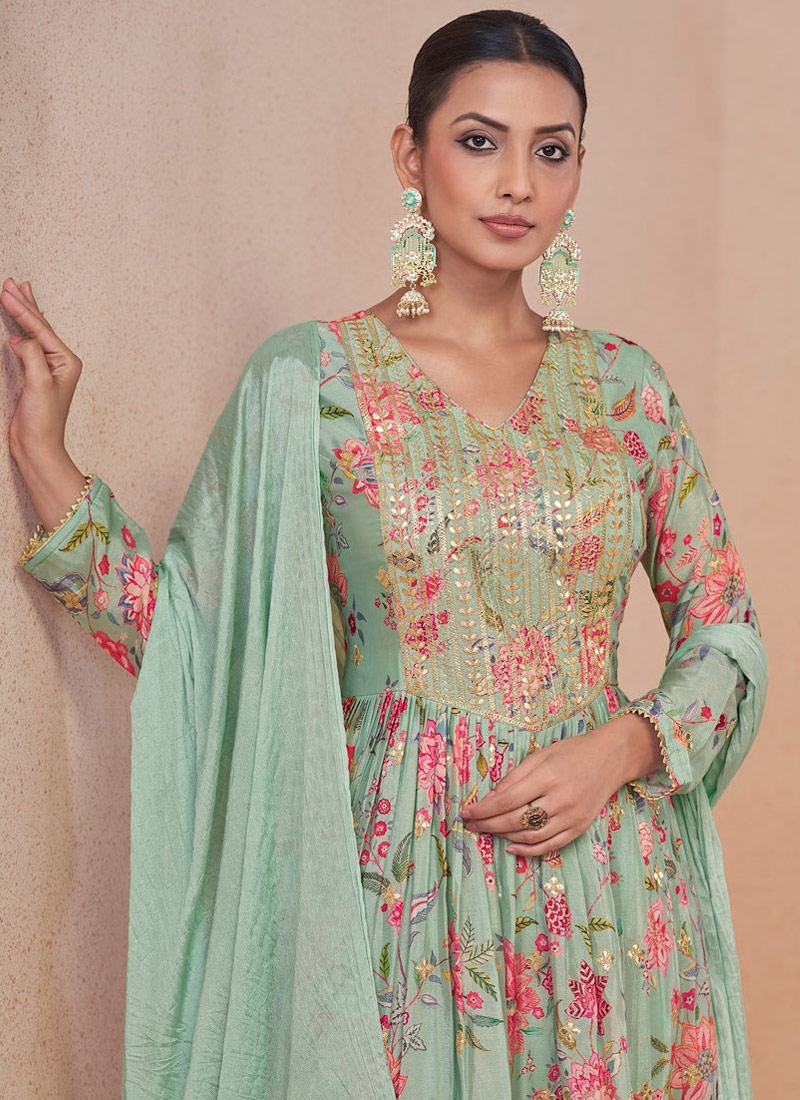 Sea Green Chinnon Digital Print Wedding Sharara Set