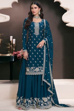 Teal Chinon Embroidered Bollywood Style Sharara kameez KF2502004