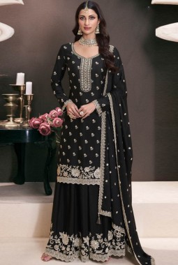 Black Chinon Embroidered Bollywood Style Sharara kameez KF2502006