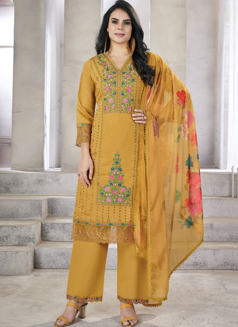 Mustard Viscose Roman Silk Resham Work Wedding Salwar Kameez