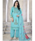 Blue Viscose Roman Silk Pearl Handwork Wedding Salwar Kameez