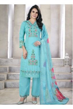 Blue Viscose Roman Silk Pearl Handwork Wedding Salwar Kameez