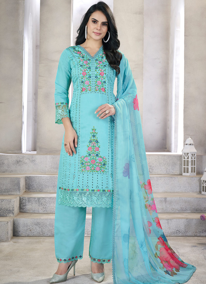 Blue Viscose Roman Silk Pearl Handwork Wedding Salwar Kameez