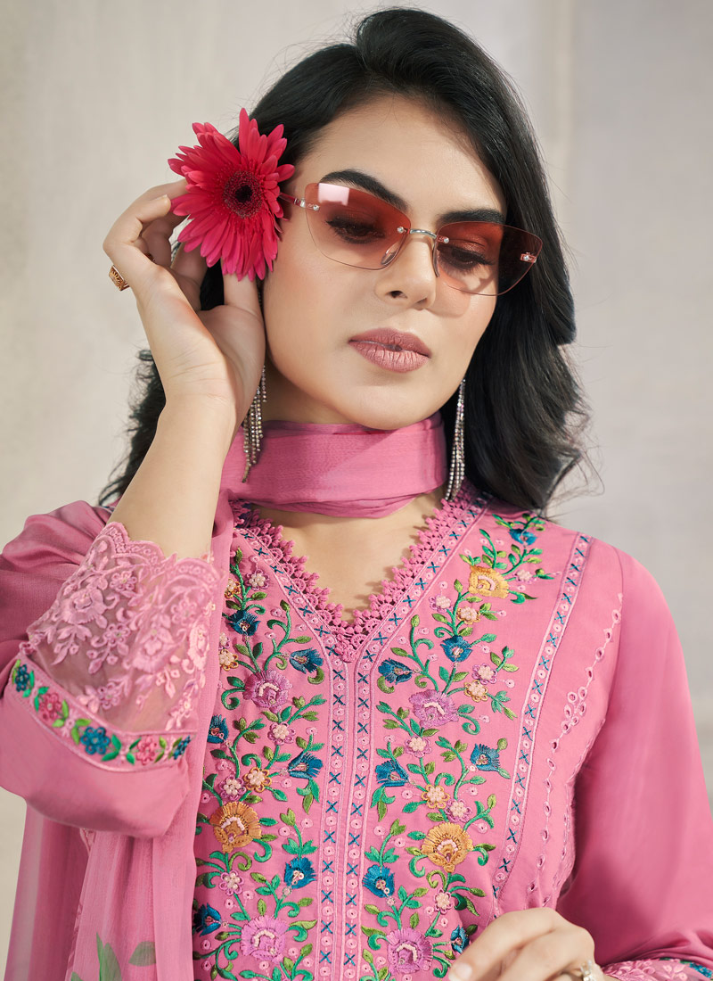 Pink Viscose Roman Silk Resham Work Wekding Salwin Kameez