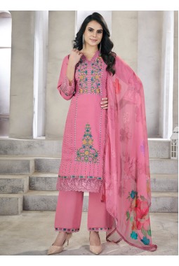 Pink Viscose Roman Silk Resham Work Wekding Salwin Kameez