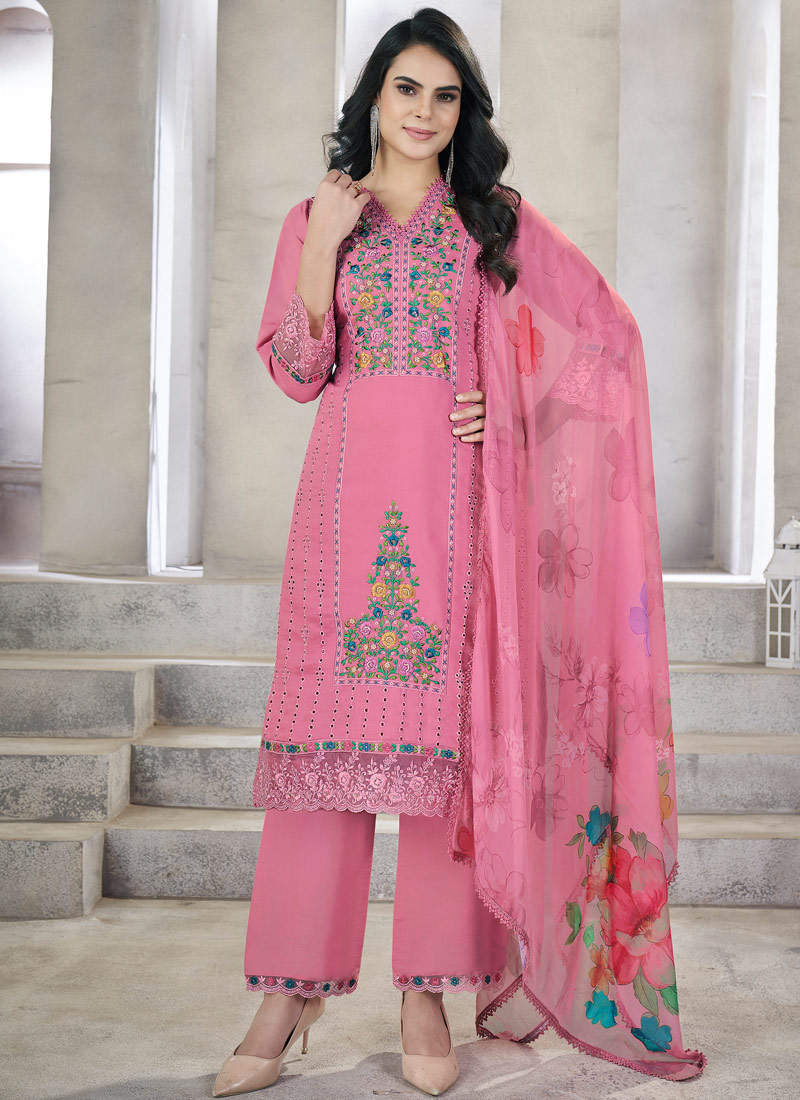 Pink Viscose Roman Silk Resham Work Wekding Salwin Kameez