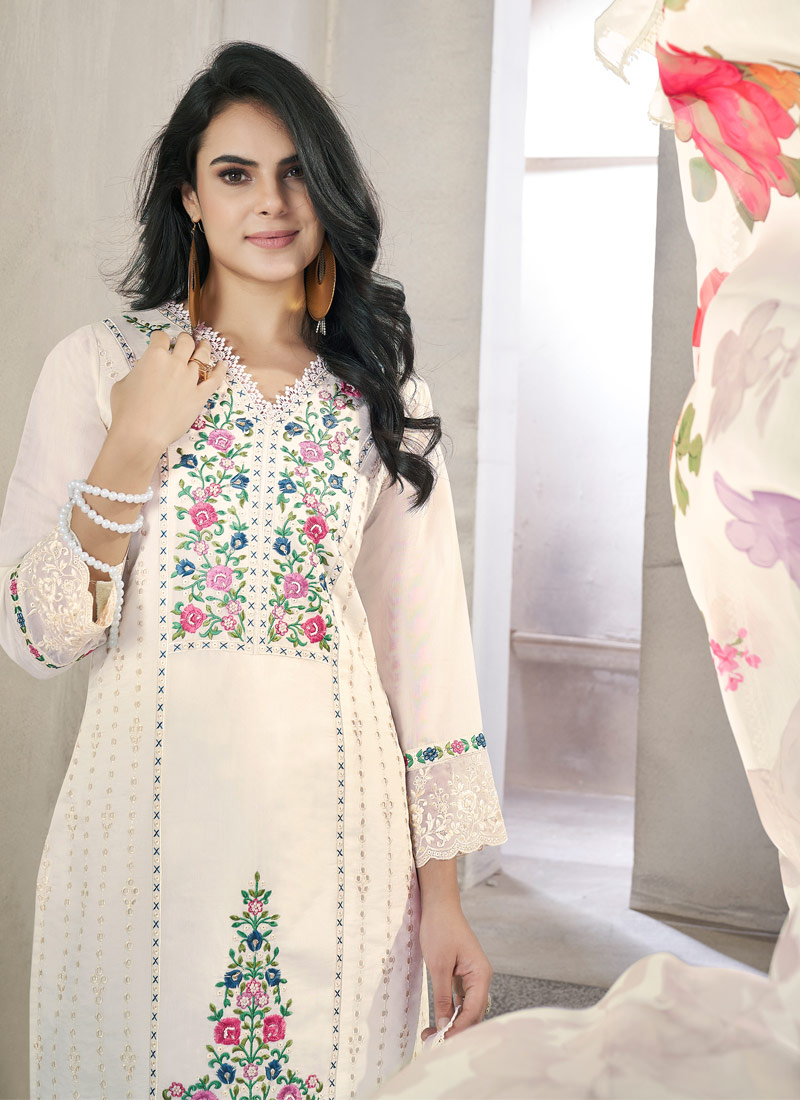 White Viscose Roman Silk Handwork Wedding Salwar Kameez