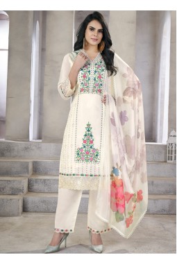 White Viscose Roman Silk Handwork Wedding Salwar Kameez