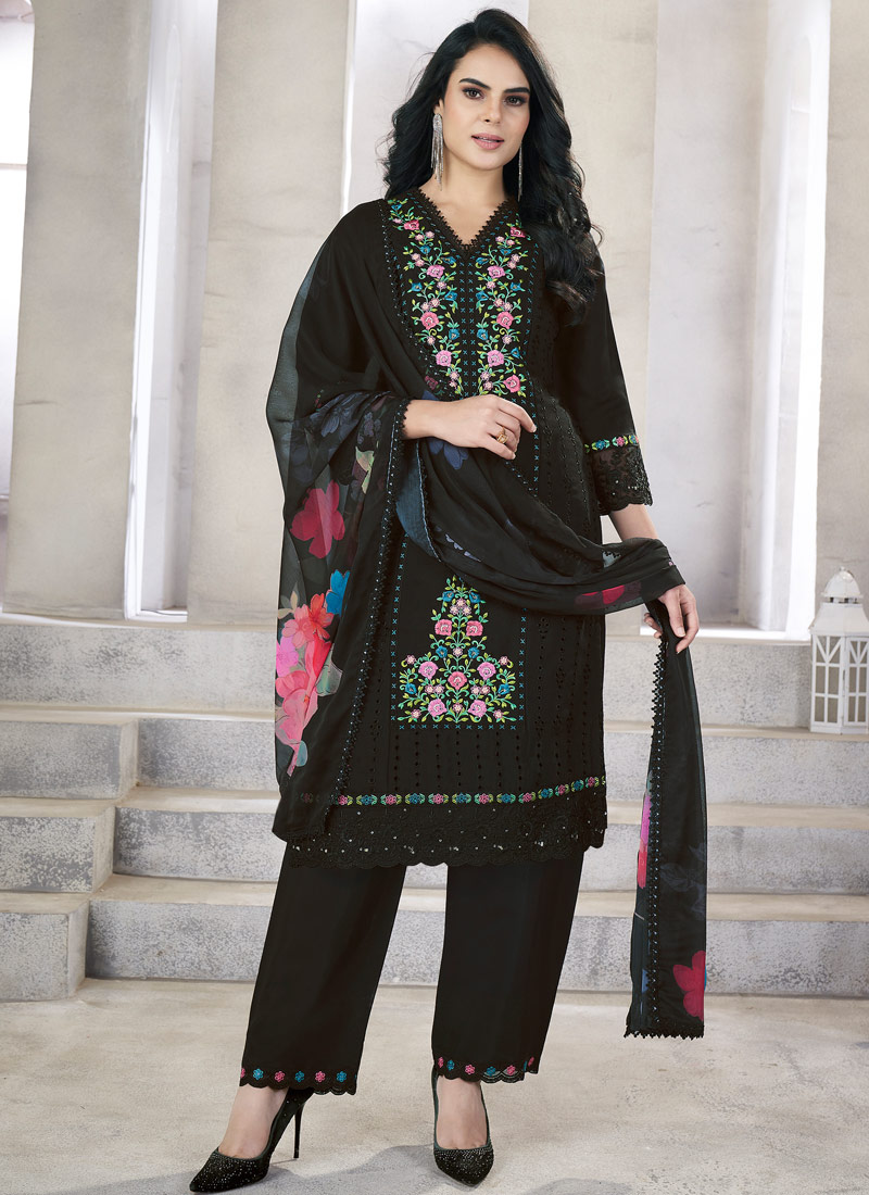 Black Viscose Roman Silk Pearl Work Wedding Salwar Kameez