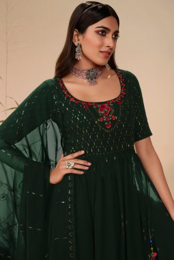 Green Georgette Sequins Embroidered Festive Wear Salwar Kameez
