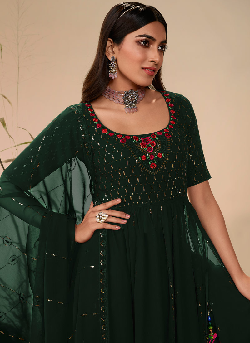 Green Georgette Sequins Embroidered Festive Wear Salwar Kameez