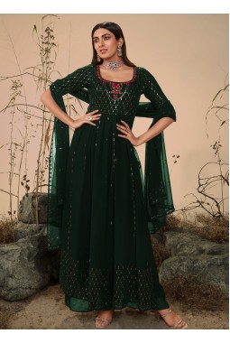 Green Georgette Sequins Embroidered Festive Wear Salwar Kameez