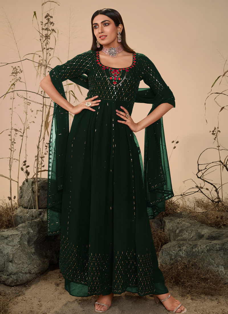 Green Georgette Sequins Embroidered Festive Wear Salwar Kameez