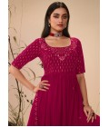 Deep Pink Georgette Thread Embroidered Festive Wear Salwar Kameez