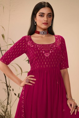 Deep Pink Georgette Thread Embroidered Festive Wear Salwar Kameez