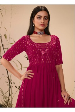 Deep Pink Georgette Thread Embroidered Festive Wear Salwar Kameez