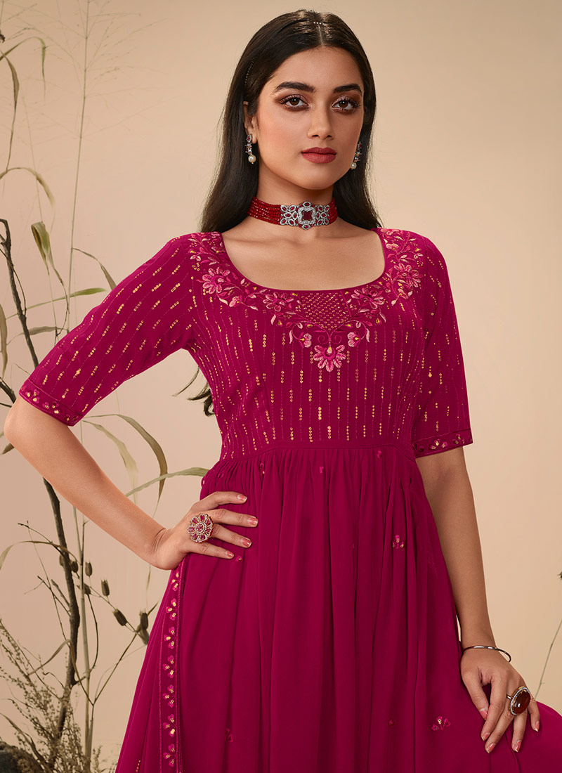 Deep Pink Georgette Thread Embroidered Festive Wear Salwar Kameez