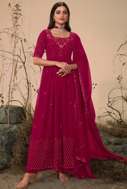 Deep Pink Georgette Thread Embroidered Festive Wear Salwar Kameez