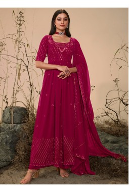 Deep Pink Georgette Thread Embroidered Festive Wear Salwar Kameez