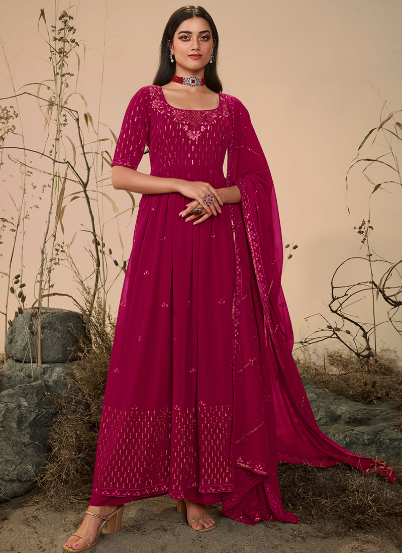 Deep Pink Georgette Thread Embroidered Festive Wear Salwar Kameez