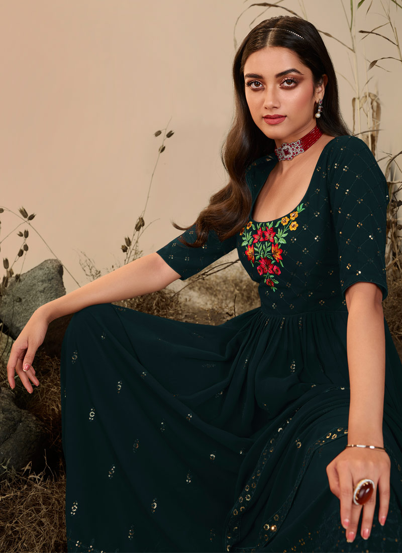 Dark Olive Georgette Embroidered Festive Wear Salwar Kameez