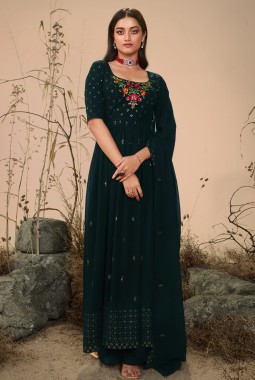 Dark Olive Georgette Embroidered Festive Wear Salwar Kameez