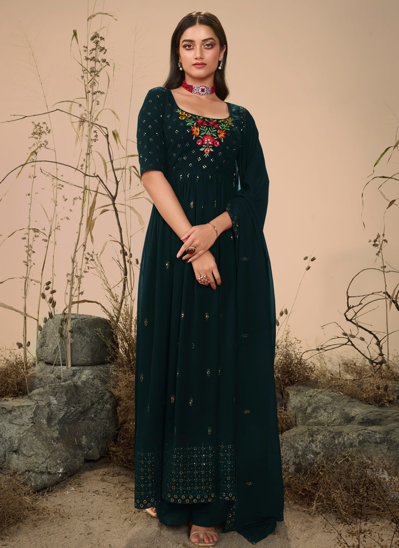 Dark Olive Georgette Embroidered Festive Wear Salwar Kameez