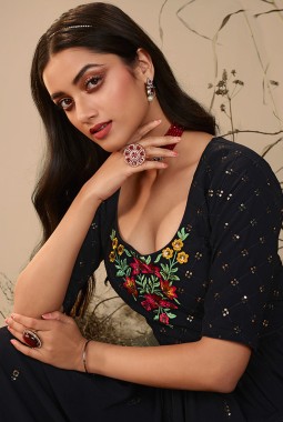 Dark Blue Georgette Sequins Embroidered Festive Wear Salwar Kameez