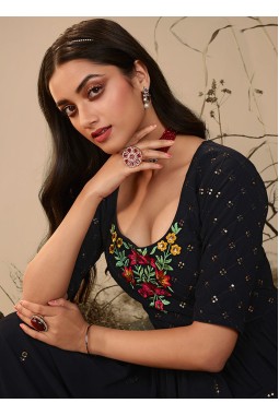Dark Blue Georgette Sequins Embroidered Festive Wear Salwar Kameez